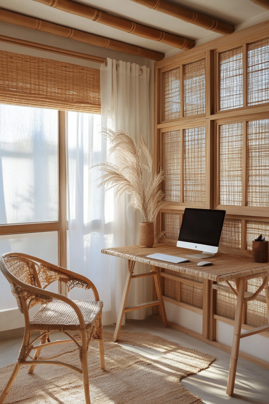 Bamboo mobile workspace design. Neutral colors, rattan desk chair.