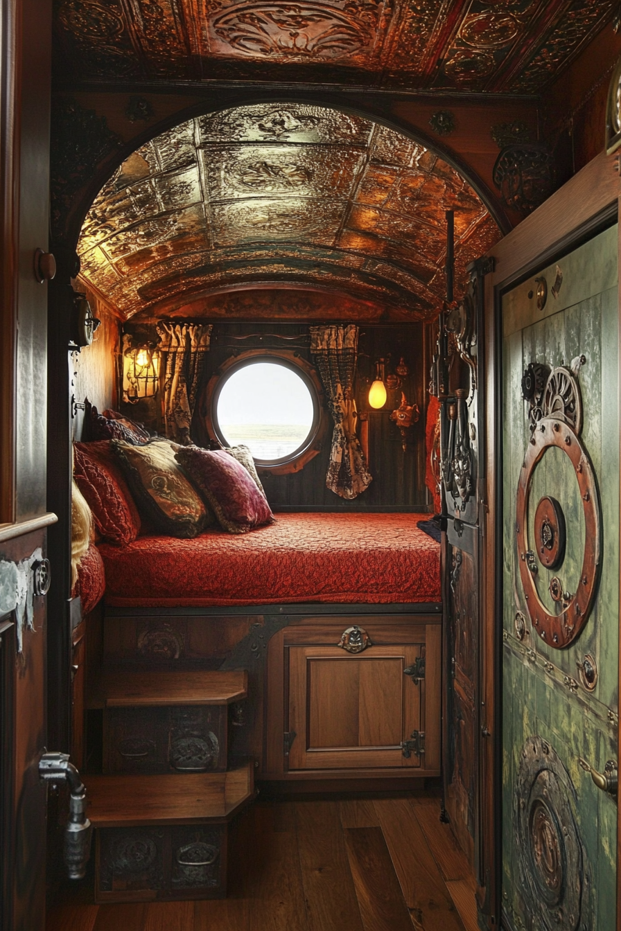 Steampunk micro home. Victorian patterned tin walls with cogwheel details.