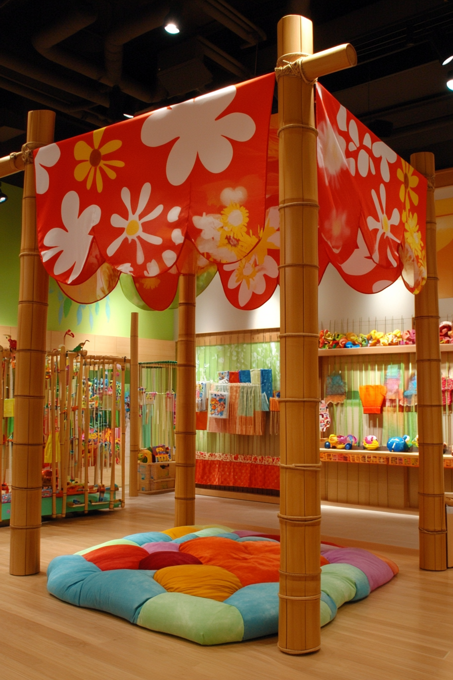 Play area. Silk canopy with flower patterns over bamboo toy display.