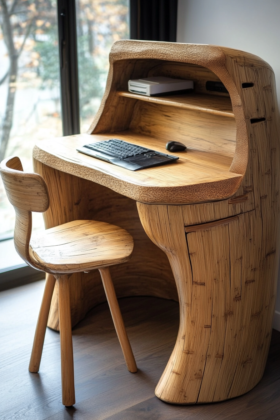 Mobile Workspace Design. Bamboo desk with neutral-toned ergonomic chair.