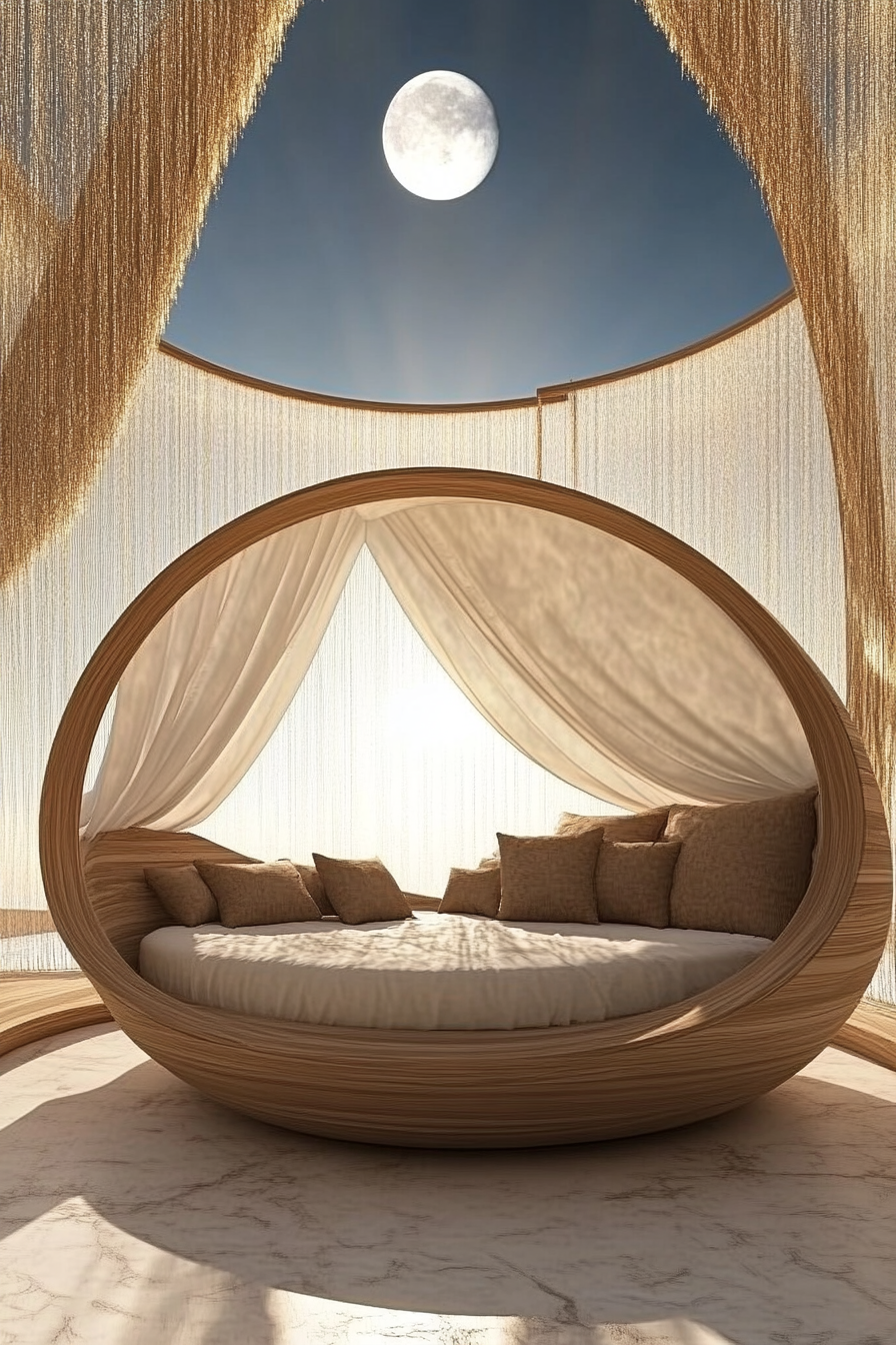 Celestial sleep space concept. Canvas retractable roof and wooden circular bed.