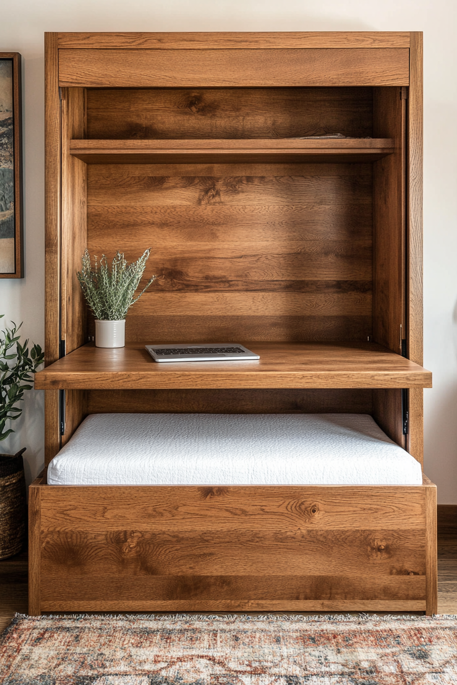 Convertible tiny home piece. Twin-sized Murphy bed with built-in desk.