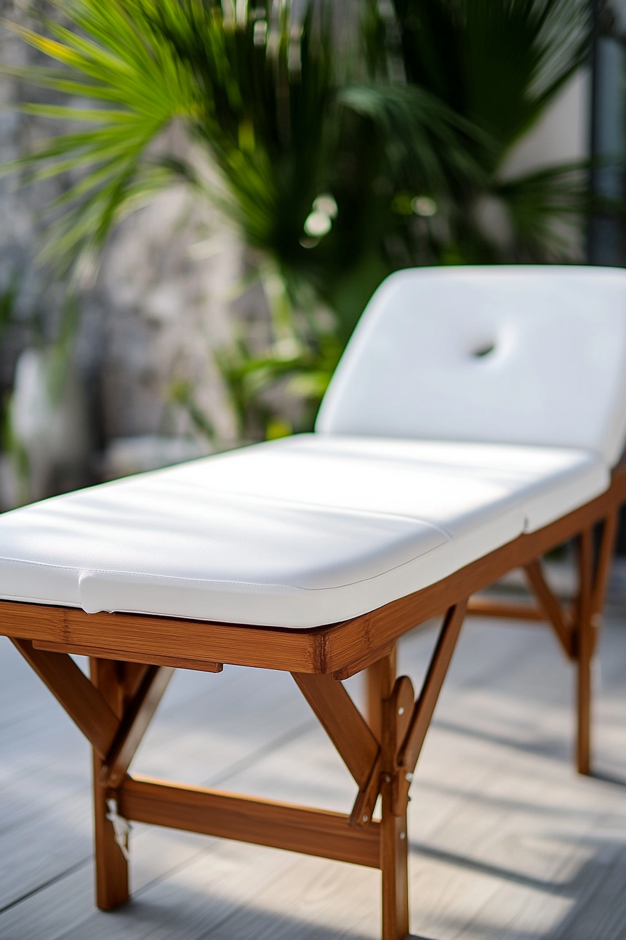 Outdoor massage table. Solid teak wood with waterproof white cushion covers.