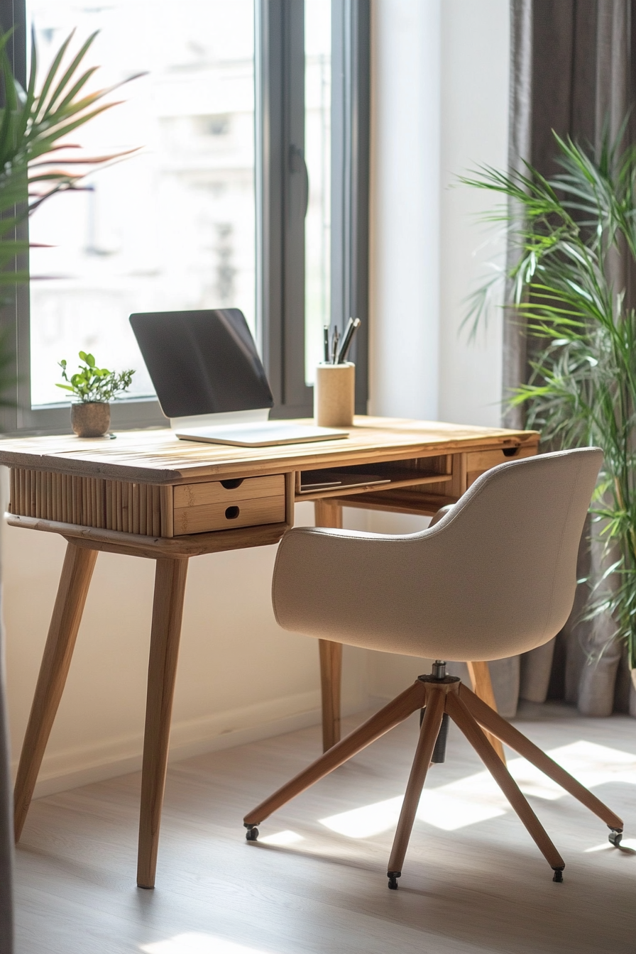 Compact workspace idea. Bamboo desk complimented by sandy beige office chair.