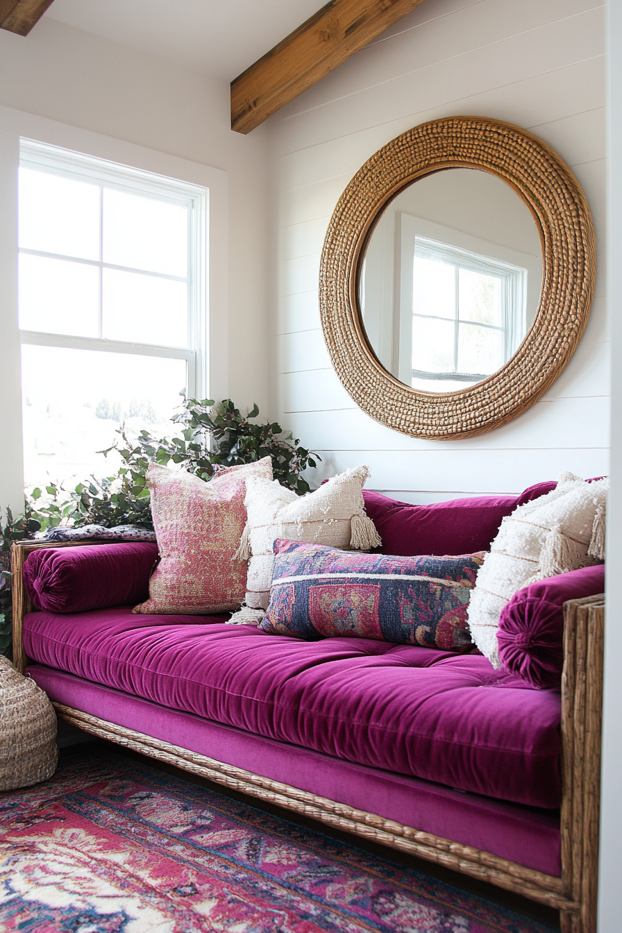 Tiny home upper level design. Velvet magenta daybed, circular rattan mirror.