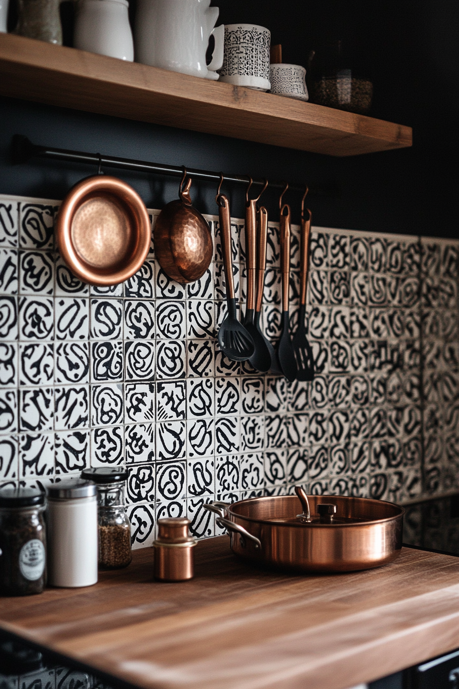 Tiny cooking space. Moroccan tile backsplash with copper utensils.