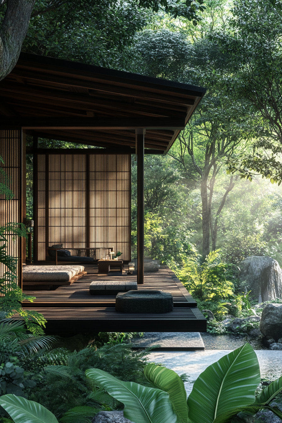 Elevated platform Zen camp concept. Pale sliding Shoji screens on ebony platform against lush greenery.