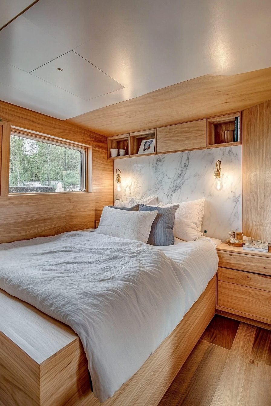 Tiny House Bedroom. Wall-mounted wooden nightstands, marble-designed hidden storage bed.