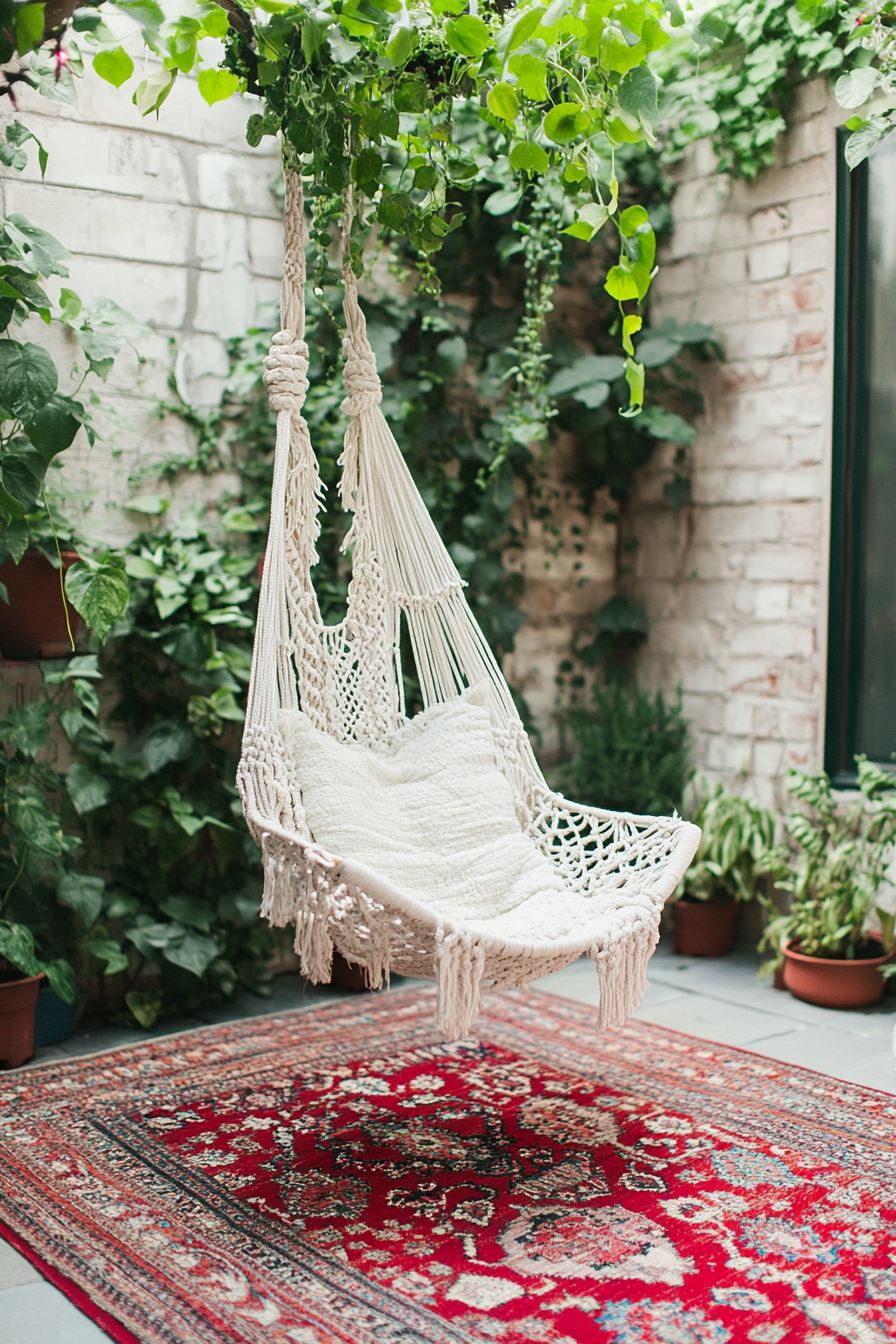 Bohemian Patio. Plant-filled macramé hanging chair with layered red Kilim rugs.