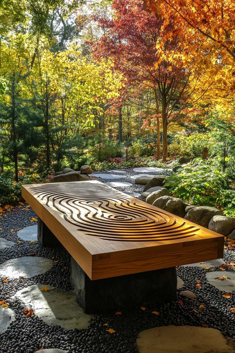 Outdoor Massage Table. Cedarwood rectangle table under a ring-top styled veranda.
Meditation Labyrinth Layout. Classical 7-path surrounded by Japanese maple trees.