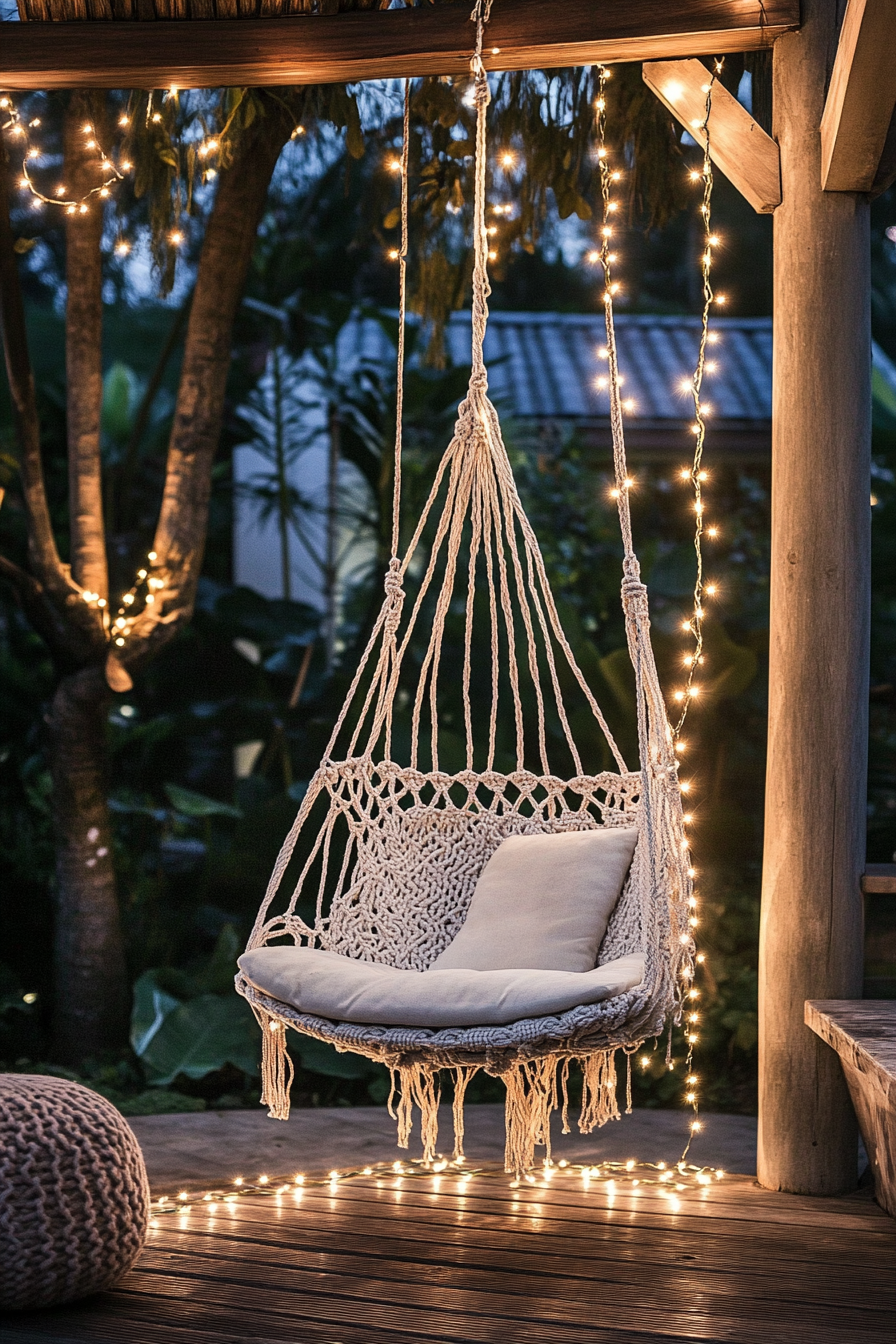 Bohemian patio. Macramé hanging chair canopy under twinkling fairy lights.