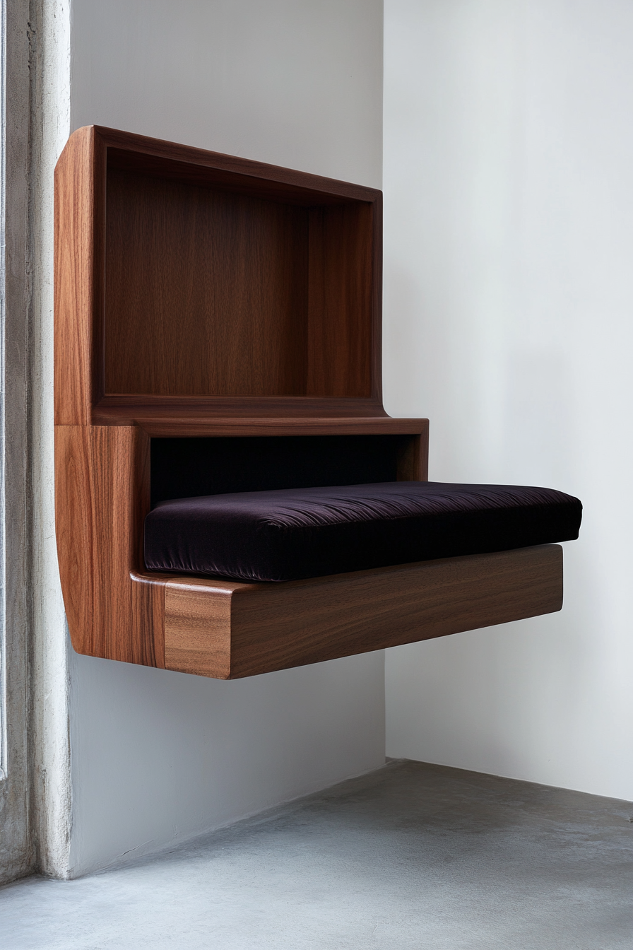 Floating bench and hidden storage concept. Mahogany bench with velvet cushions and underneath storage.