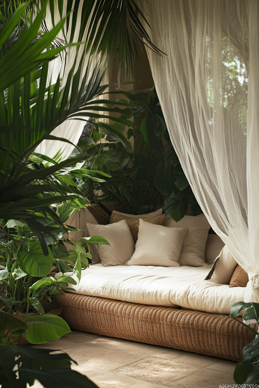 Sleeping nook. Mosquito net drapes over rattan bed, surrounded by lush Areca palm plants.