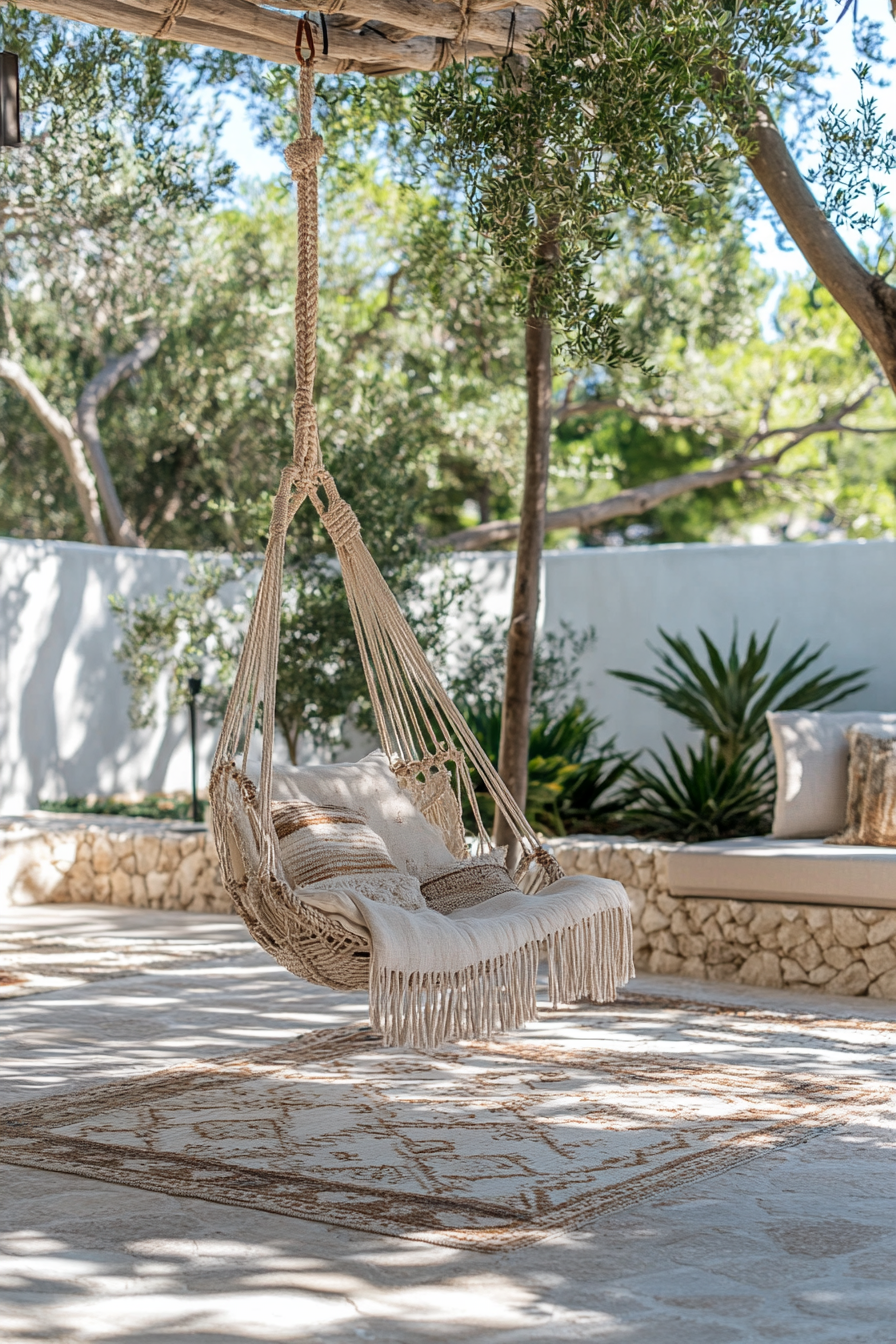 Bohemian patio. Macramé hanging chair with beige layered kilim rugs.