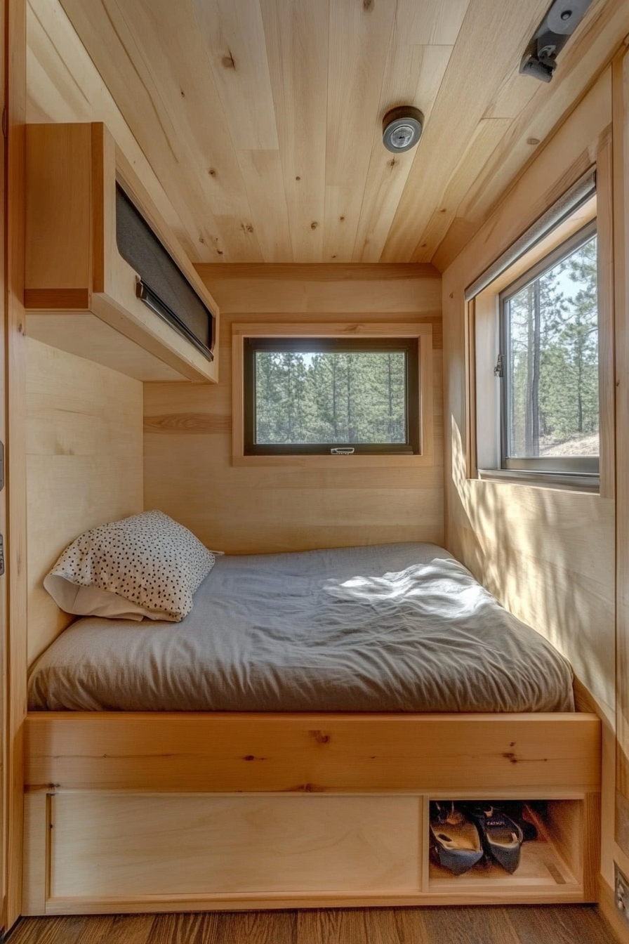 Tiny house bedroom. Minimalist design with maple wall-mounted nightstands and hidden storage bed.