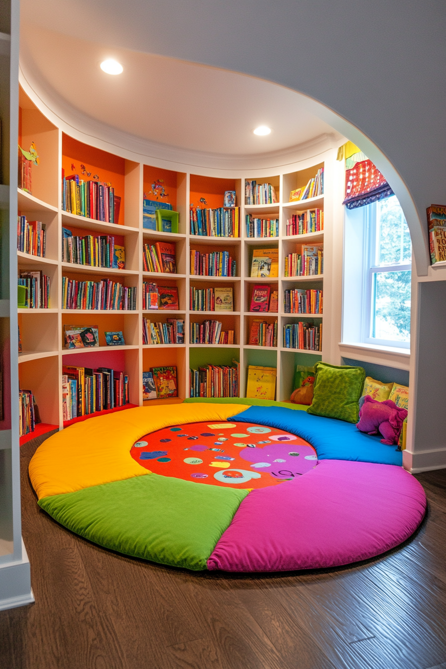 Child-sized library concept. Floor cushion circle surrounded by colorful front-facing bookshelves.