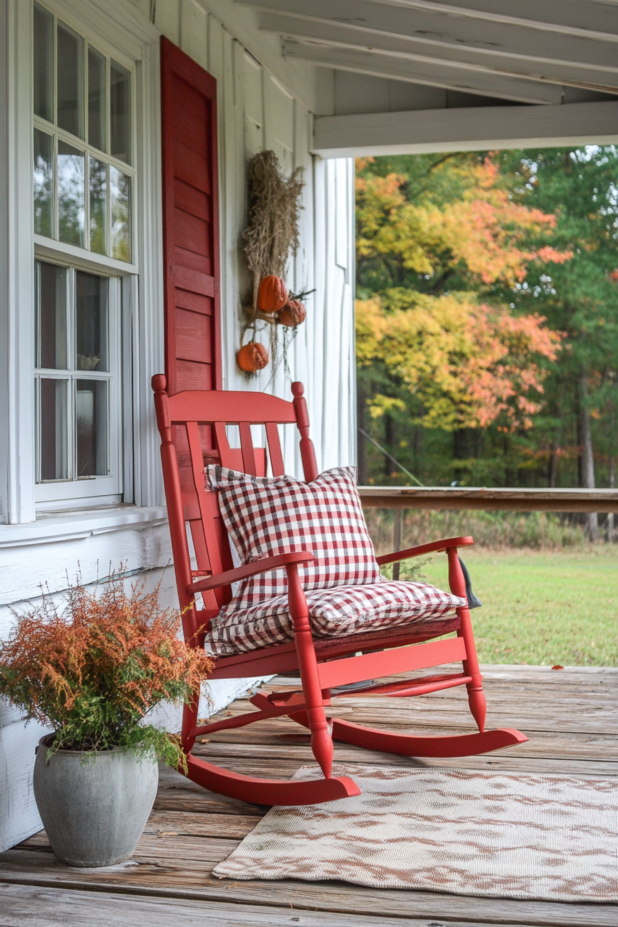 Fall Porch. Barn-red rocking chair with checkered cushions.