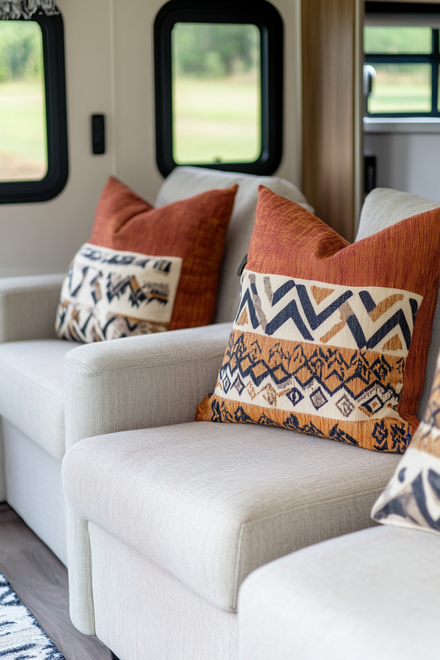 Fall RV decor. Angular armchairs with geometric patterned cushions in crimson, ochre, and indigo.