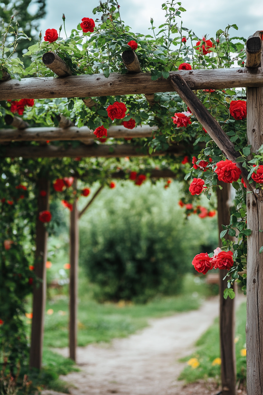 Cottagecore outdoor space. Rustic wooden arbor with climbing roses.