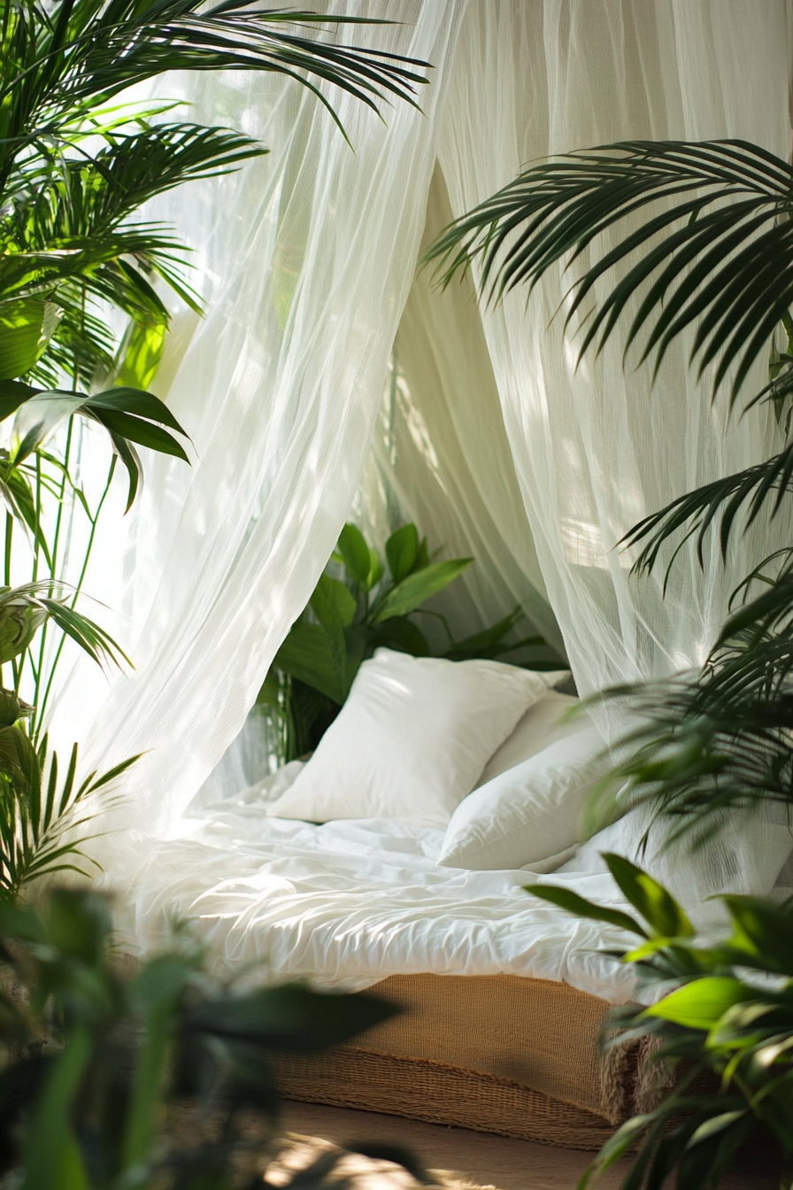 Sleeping nook. White mosquito net drapes, surrounded by dense palm plants.