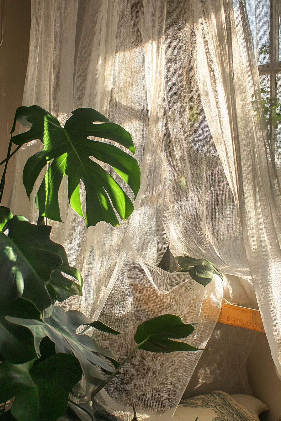 Sleeping nook. White mosquito net drapes, Monstera plant