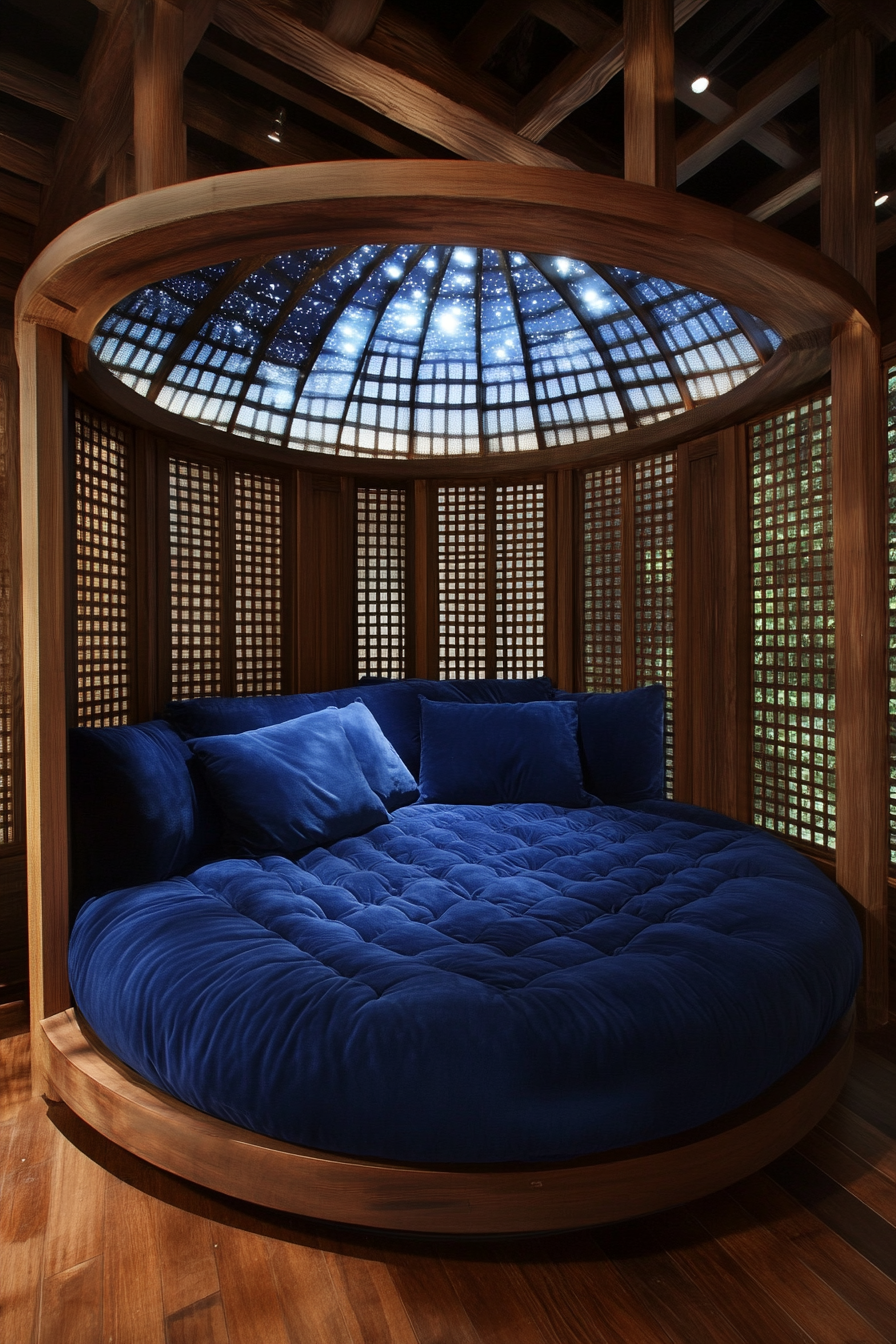 Celestial sleep space: retractable checkered-tin roof showing nightly Mayor's Bathhouse Constellations. Circular velvet royal blue bed.