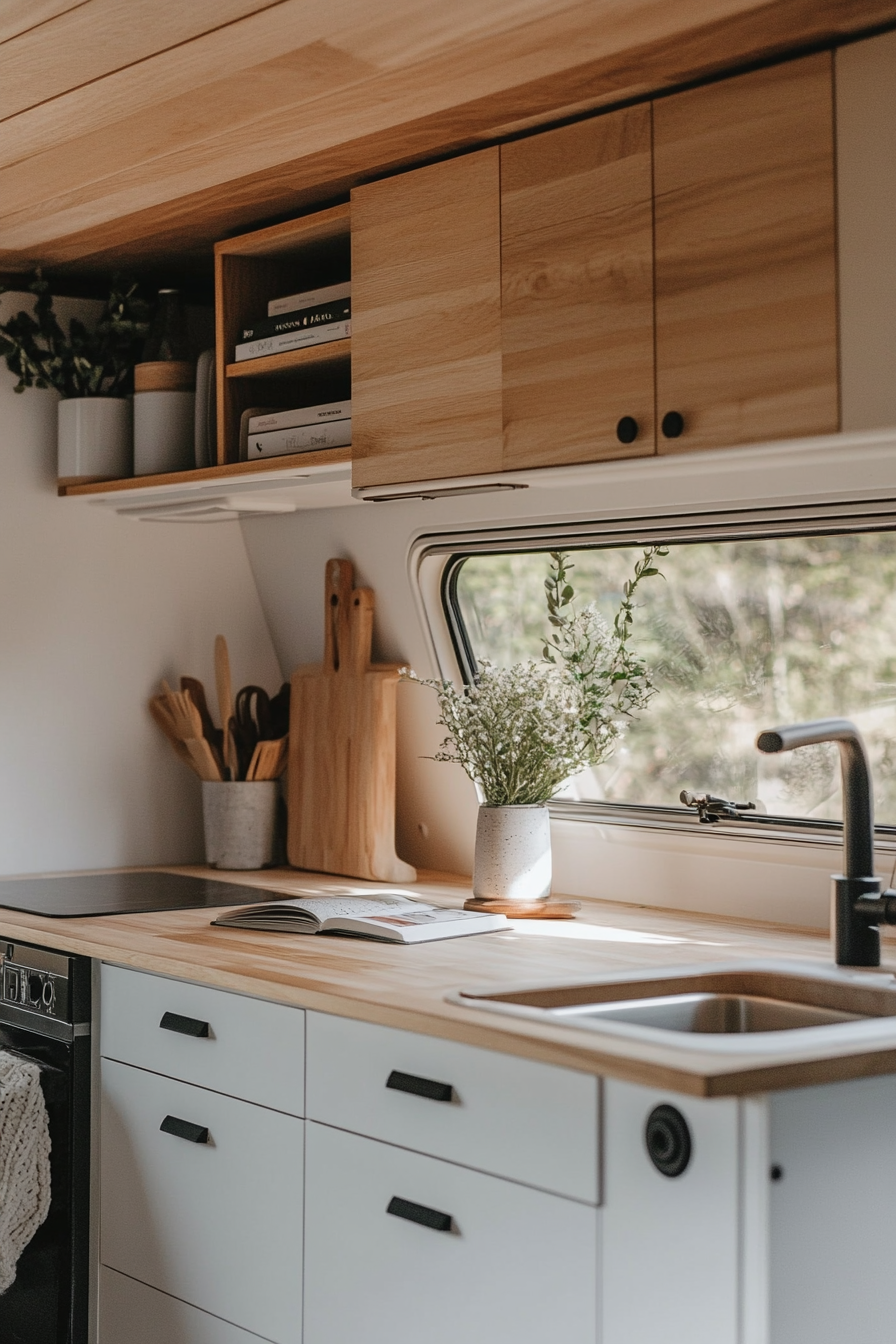 Remote Work Camper Interior. Sleek White cabinets with accents of plywood.