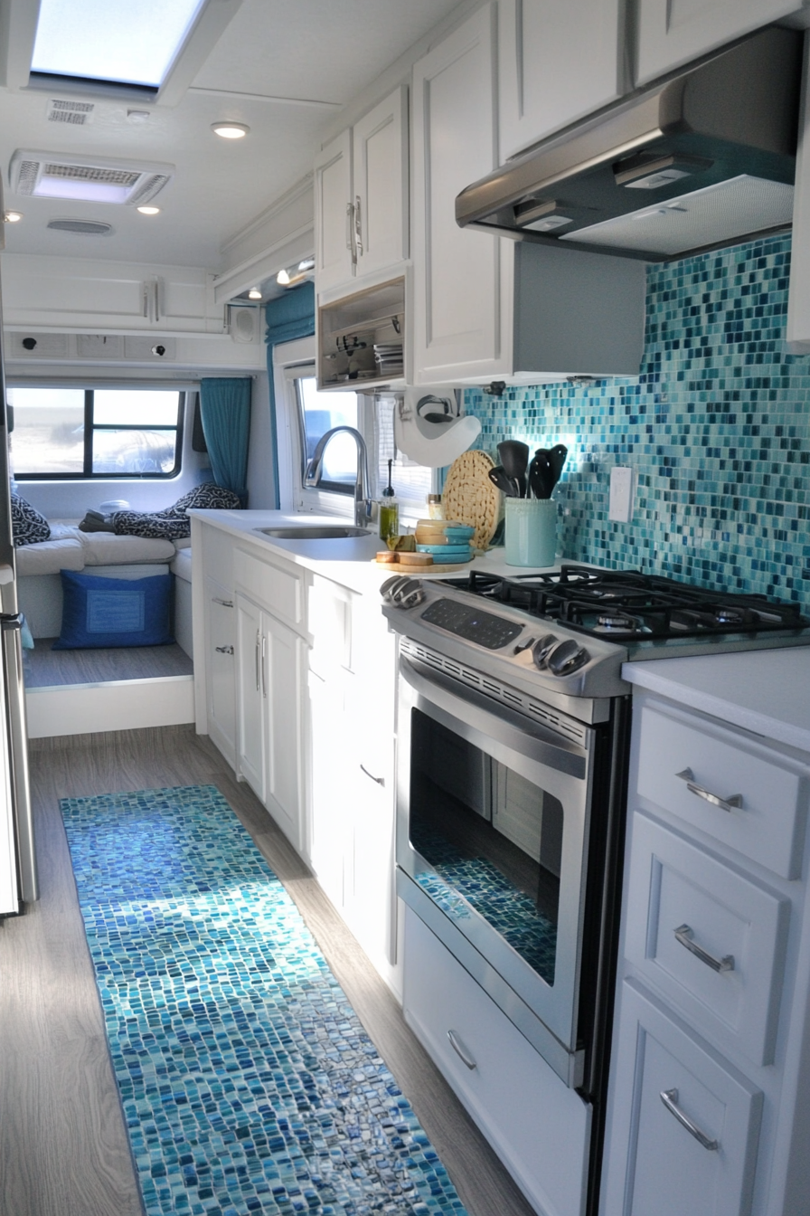 Coastal RV kitchen. White cabinets with turquoise mosaic backsplash.