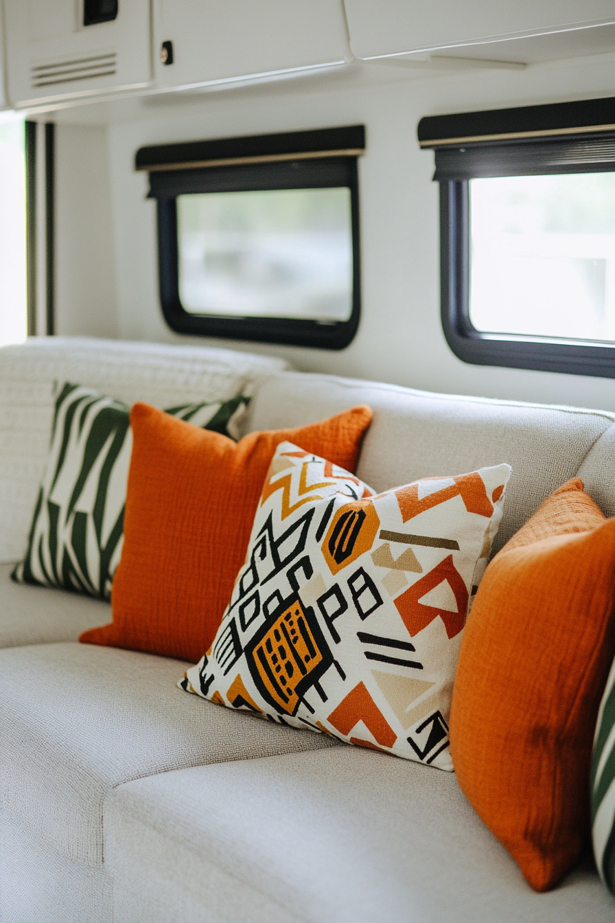 Fall RV decor. Primary color throw pillows with geometric Bauhaus patterns.