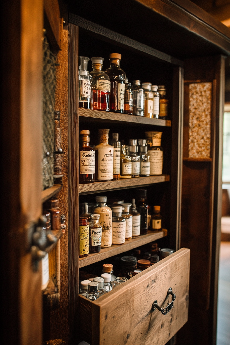 Tiny house storage solution. Pull-out antique apothecary cabinet.