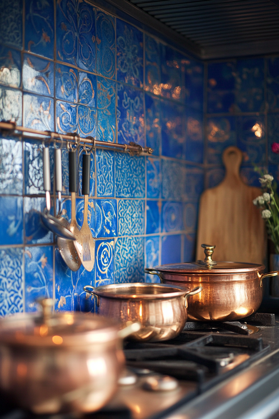 Tiny cooking space idea. Blue Moroccan tiles backsplash and copper saucepans.