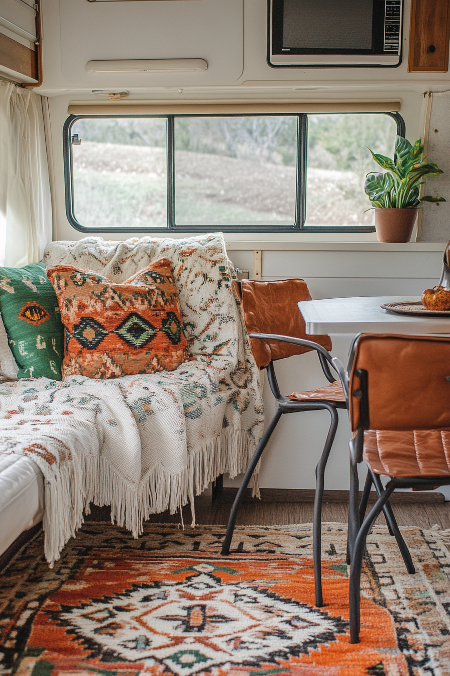 Fall RV decor. Geometric-pattern floral throw over streamlined metal chair.