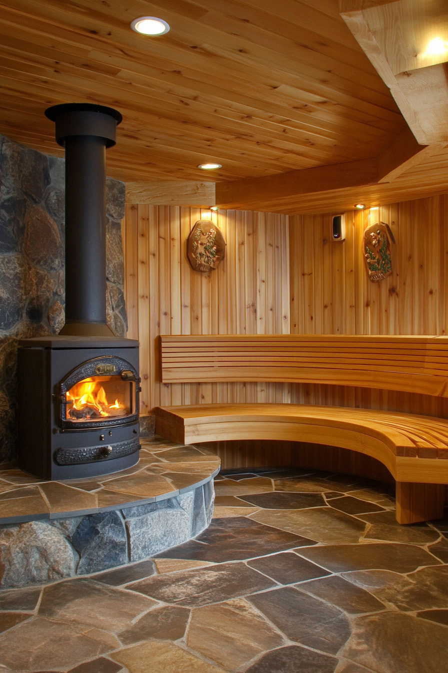 Sauna room design. Wood-burning stove with cedar tiered benches.