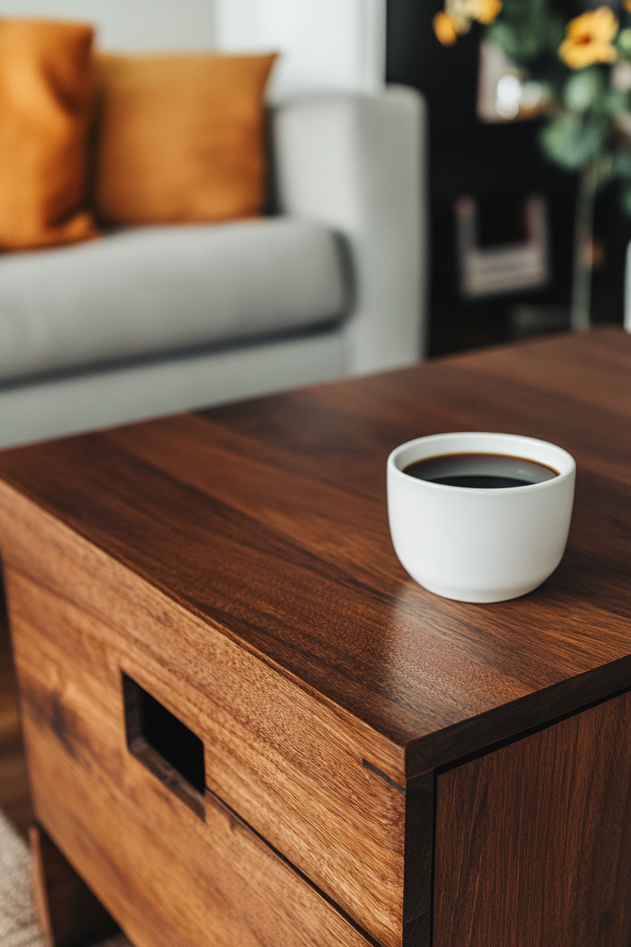 Fall RV decor. Bauhaus-inspired minimalist wooden coffee table.