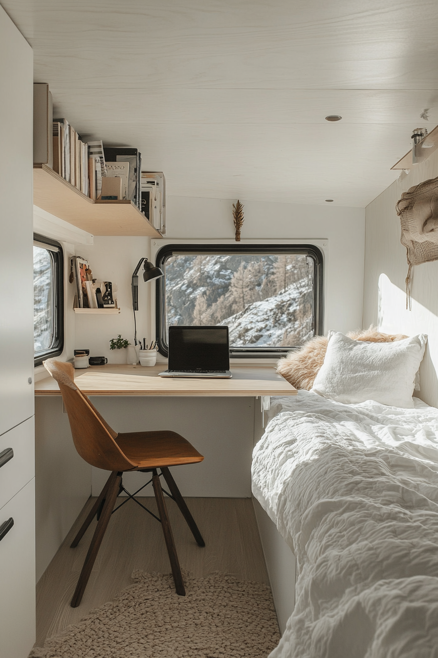 Remote work camper interior. L-shaped plywood desk in a bright, sleek white space.