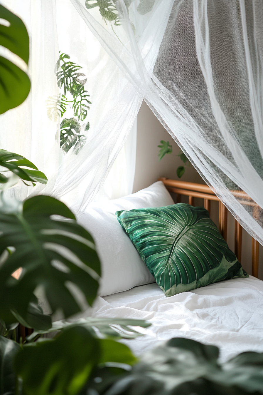 Sleeping nook. White mosquito net drapes and green monstera plant.