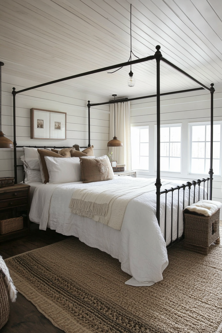 Rustic-chic bedroom. Shiplap ceilings, hadleigh wrought iron poster bed.