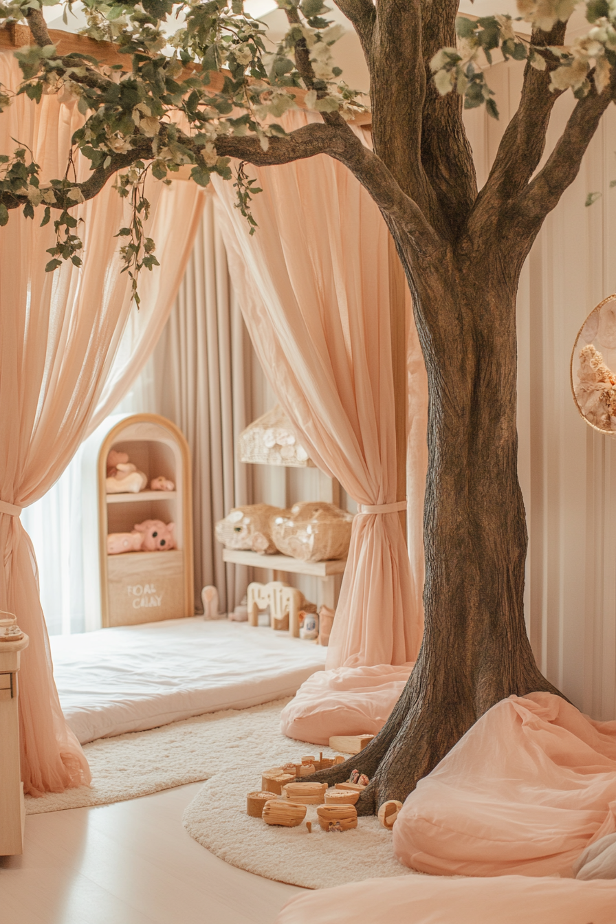 Dreamy play area. Silk canopies in blush pink, with oak tree rooted natural toy display.