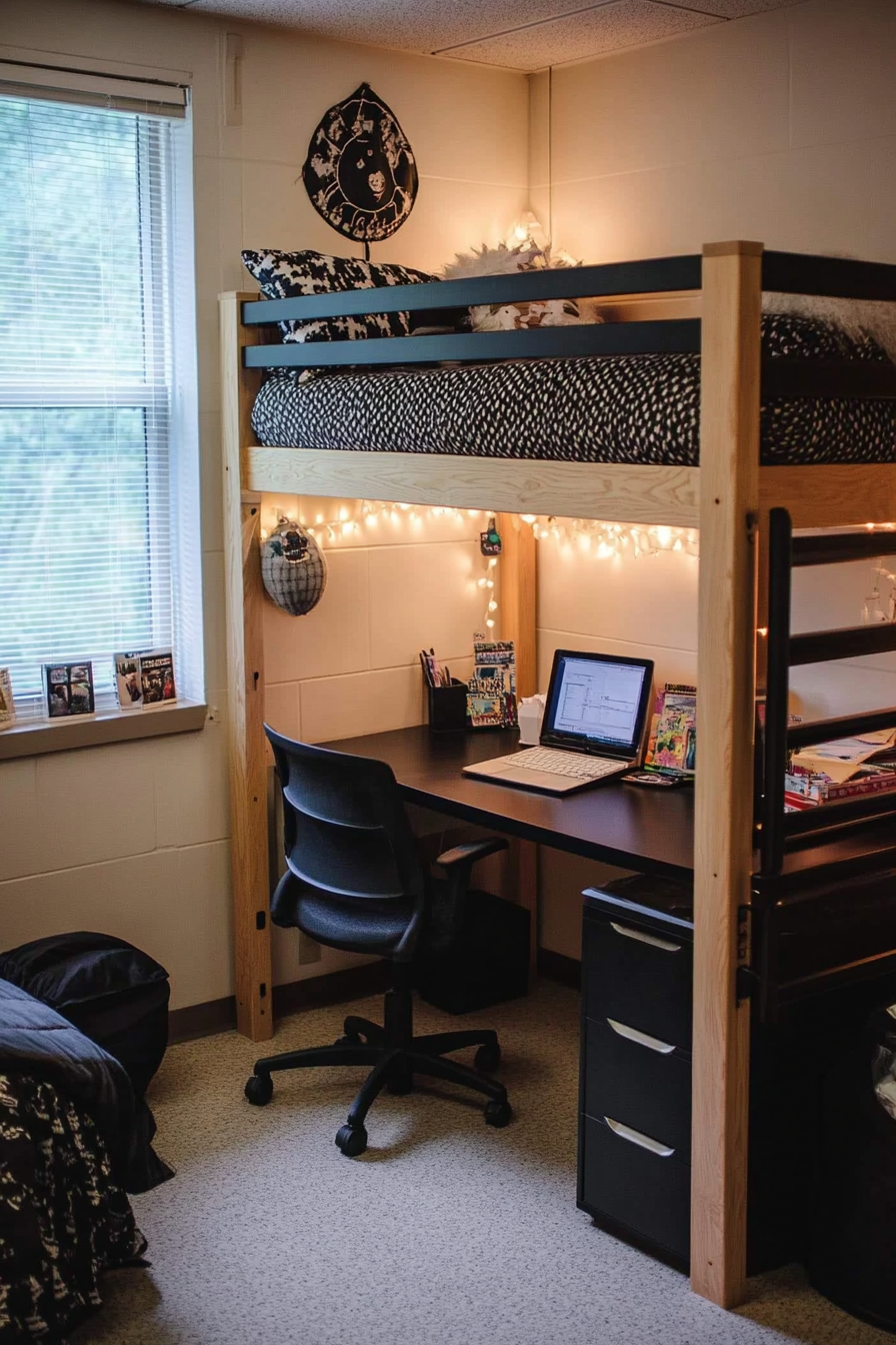 Student dorm room. Natural wood loft bed with minimalist black desk underneath.