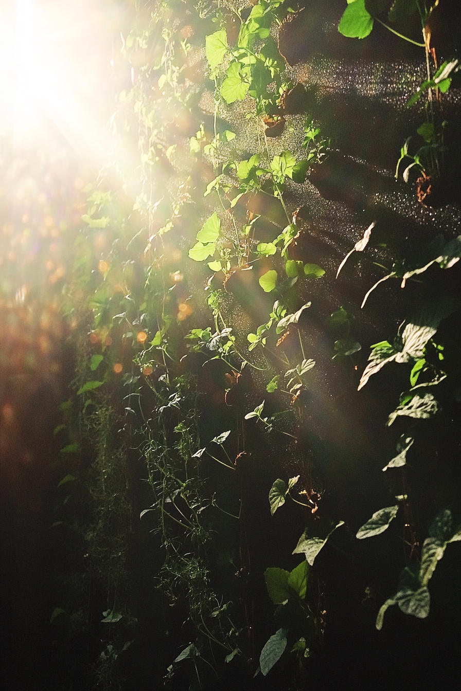 Living wall. Protruding hydroponic vertical herb garden, under filtered sunlight.