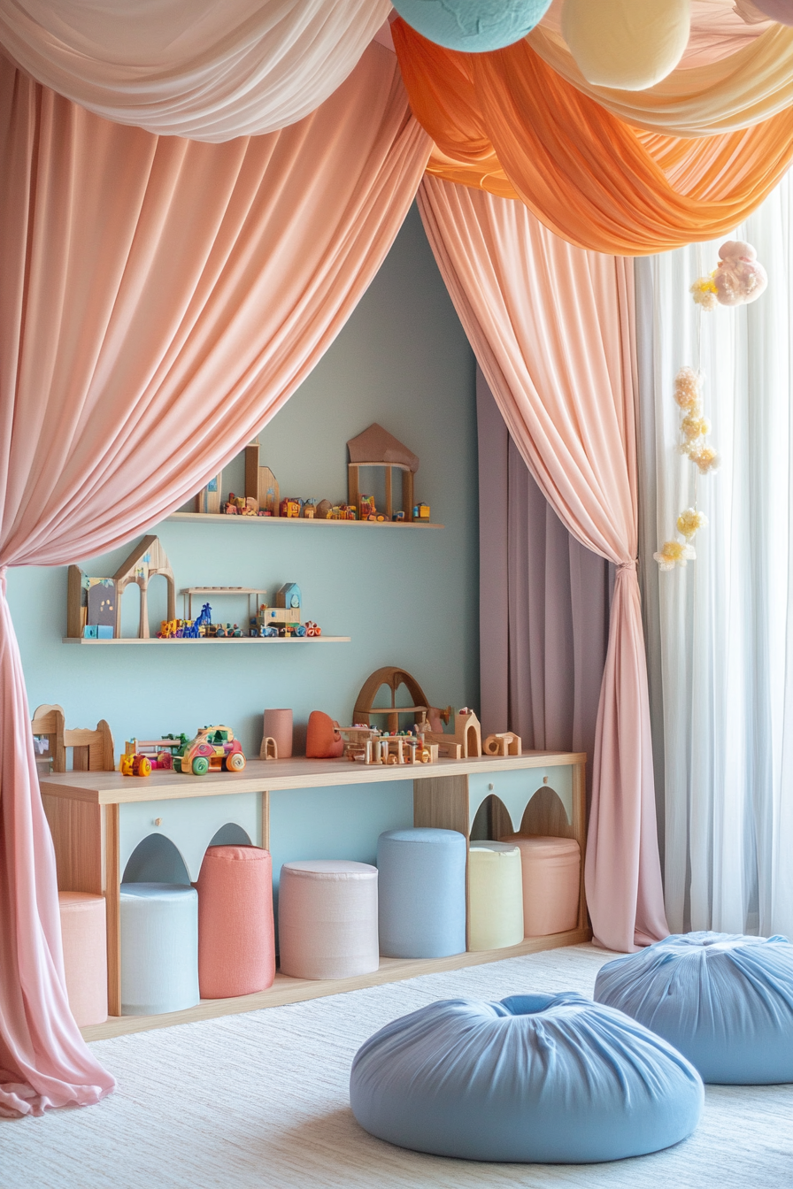 Dreamy play area. Pastel silk canopies with mahogany wooden toy display.