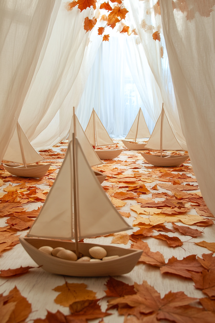 Play area. Silk canopy with autumn leaves and walnut shell sailboats.