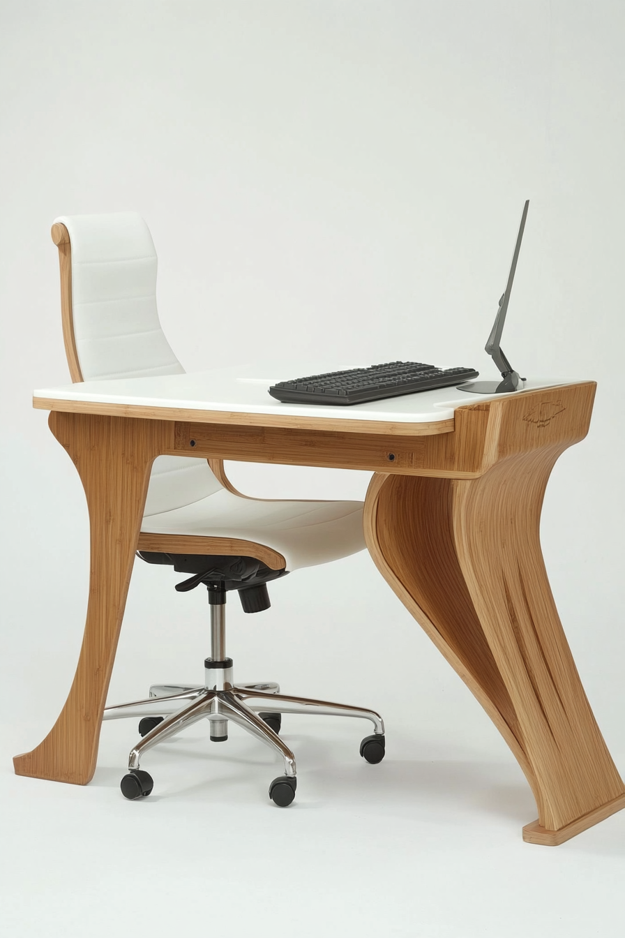 Compact workspace idea. Bamboo desk with an off-white ergonomic chair.