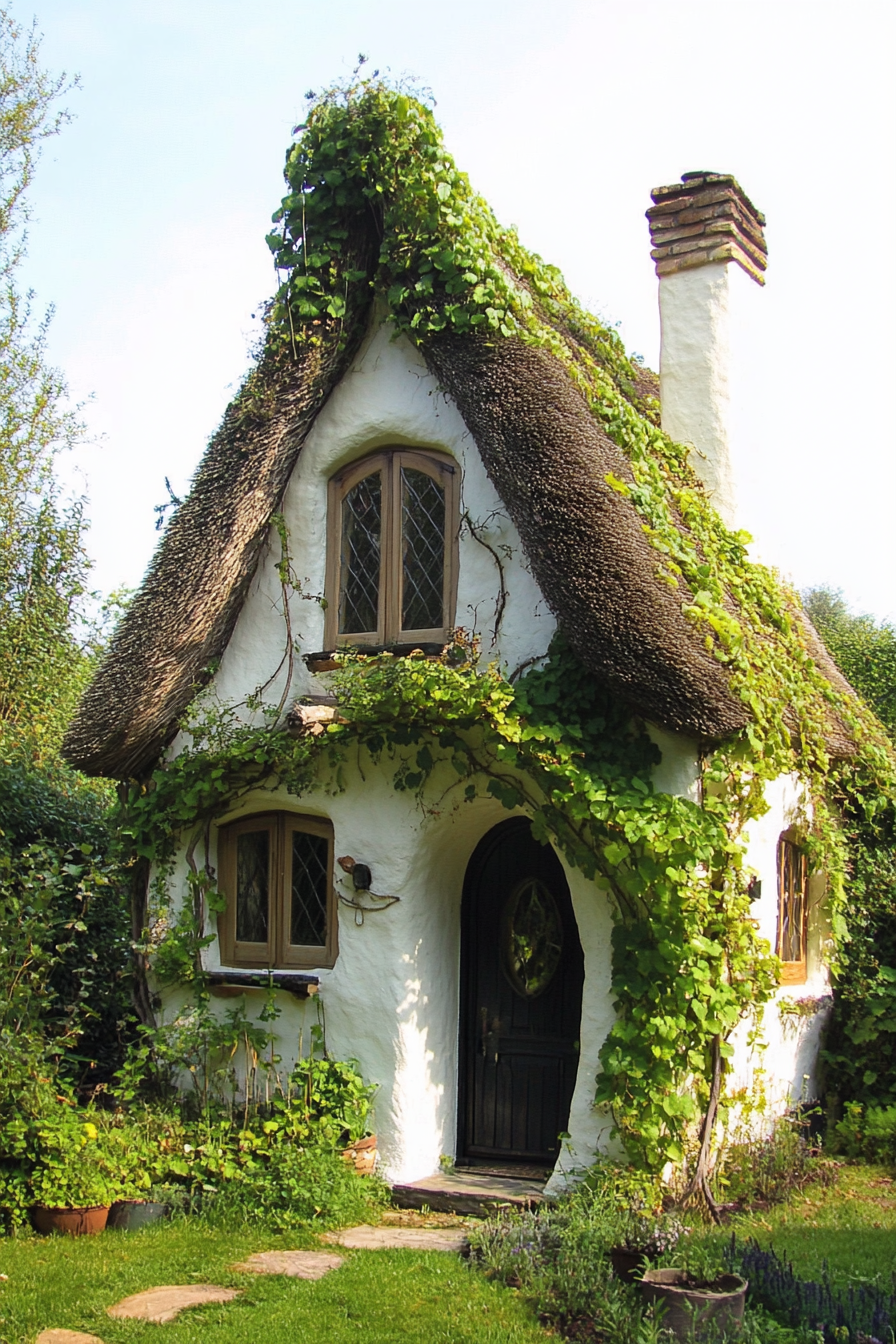 Micro home design. Vines over fairytale crooked chimney and thatched roof.