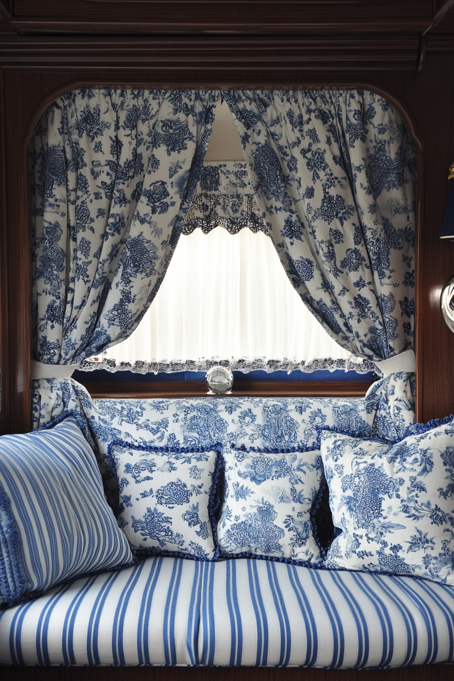 Camper design. Blue chintz fabric, white and navy striped curtains, mahogany finish