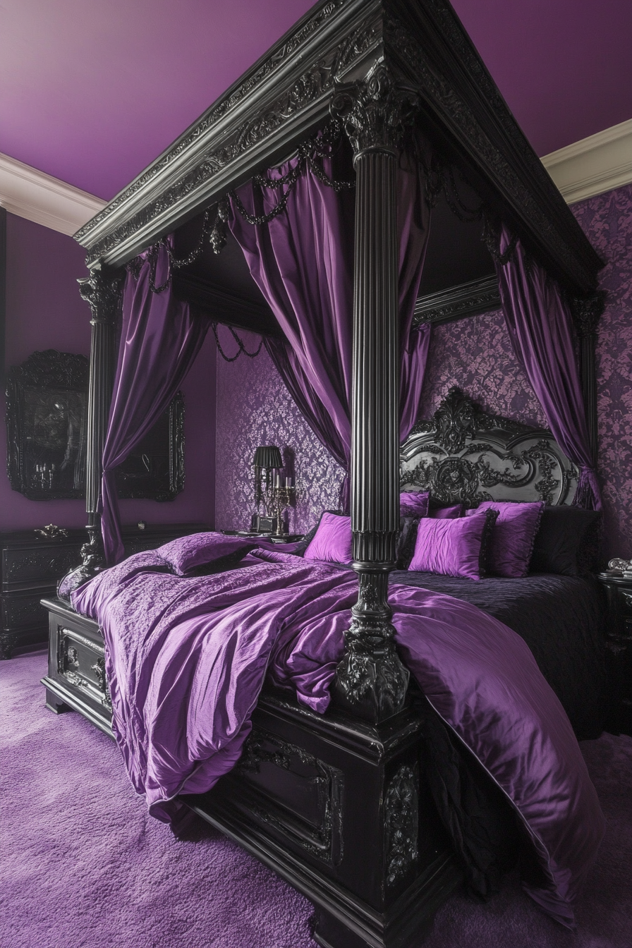 Gothic-Pastel bedroom. Black Victorian-style bed with lilac satin sheets.