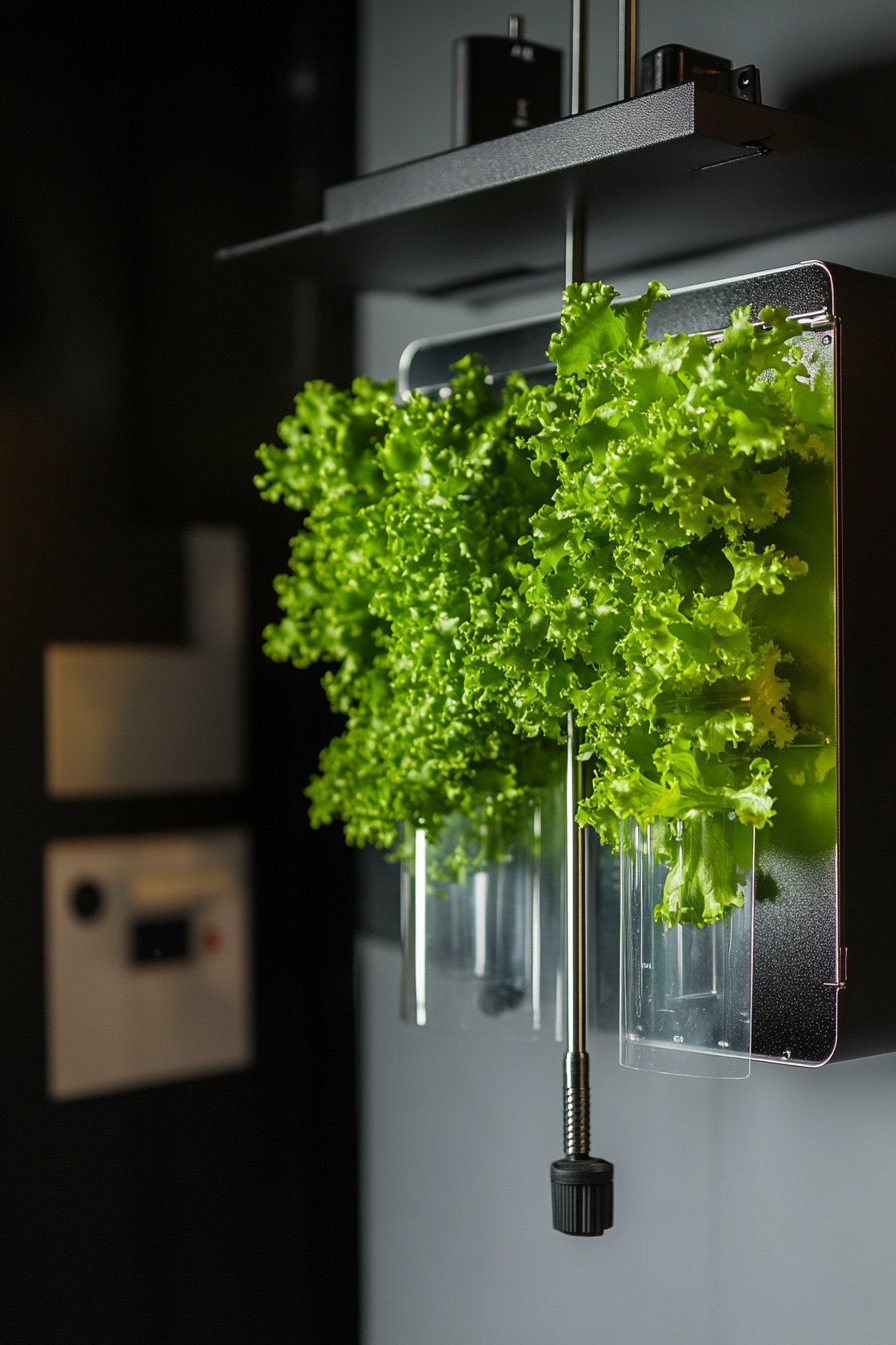 Wall-mounted nutrient film technique system. Micro lettuce growth chamber.