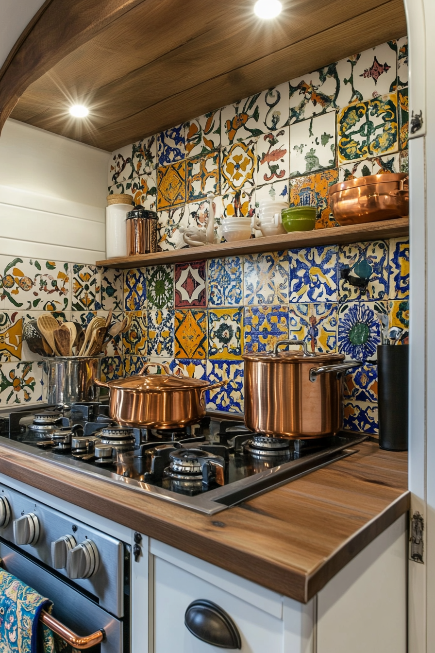 Tiny cooking space idea. Moroccan tiles backsplash with copper pots and pans.