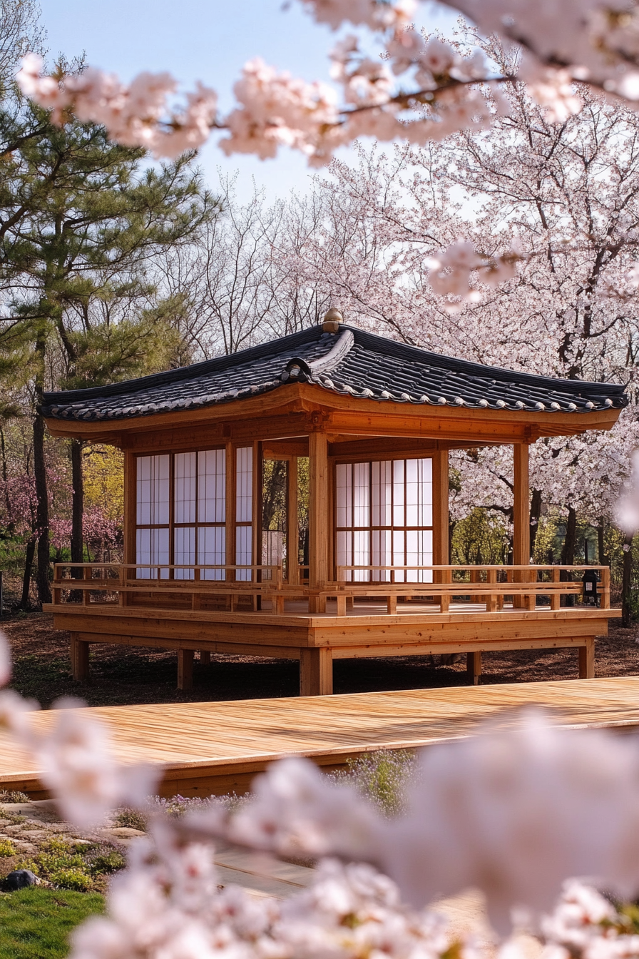 Elevated platform zen camp. Wooden platform with white sliding shoji screens under cherry blossoms.