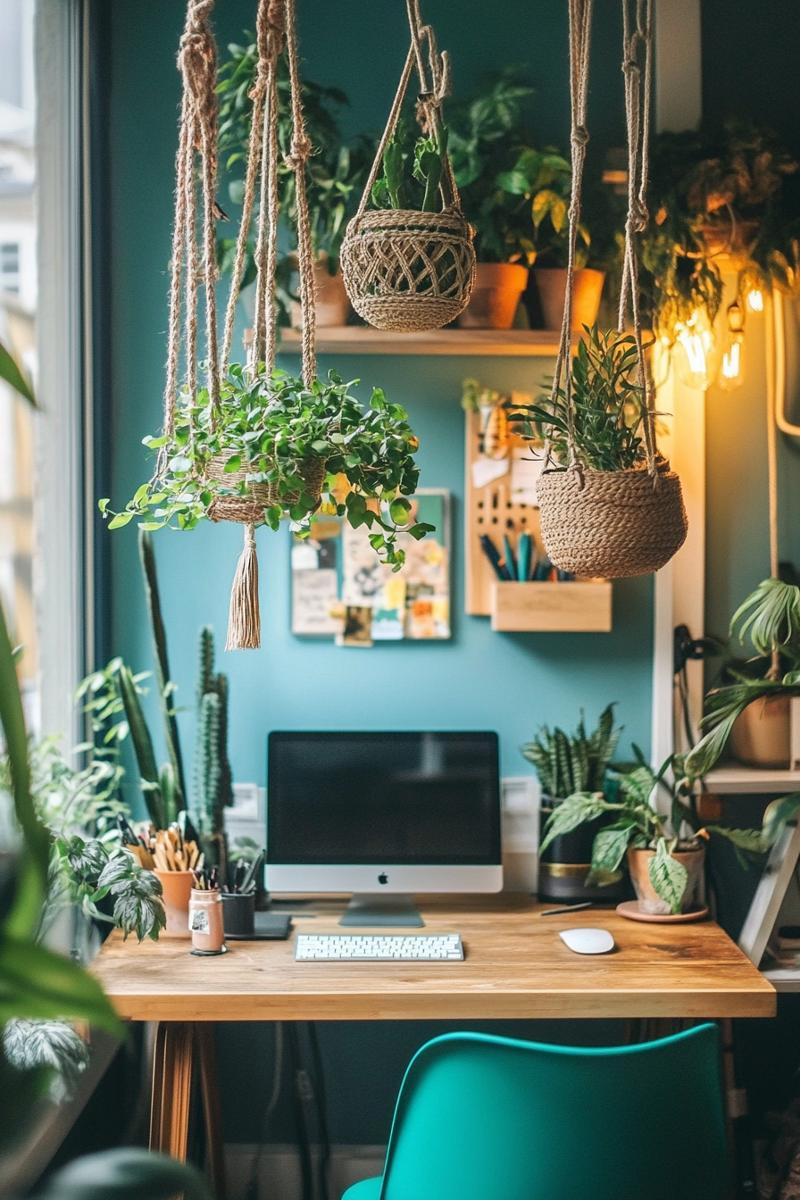 Tiny home decor. Boho-inspired hanging planters, strong pops of teal and a minimalist desk.